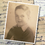 A sepia photo of a young boy, with handwritten recipes in the background