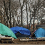 Three tents with blue and green tarps sit on pallets on muddy ground under a dark winter sky