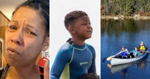 本周文章中的三张照片:黑人妇女安吉拉·鲍登(Angela Bowden)、黑人小男孩马尔·马尔·凯恩(Mar Mar Cain)和三个在当地湖上划着独木舟的白人