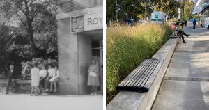 一张黑白照片，照片上人们坐在春园路皇家银行旁的一面矮墙上，旁边是一张现代照片，照片上一位女士坐在一堵可爱的混凝土墙上，后面是木制座椅，靠在南方公园街的草地上。