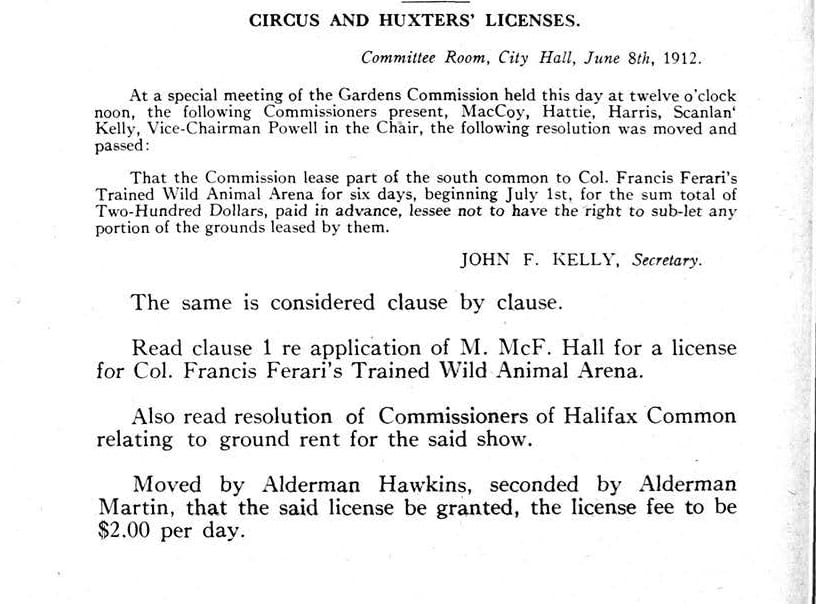 1912年“马戏团和赫克斯特执照”会议记录的打字部分