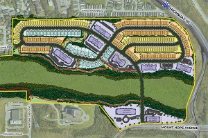 一个毗邻大型绿色湿地的开发项目的多颜色的规划图。