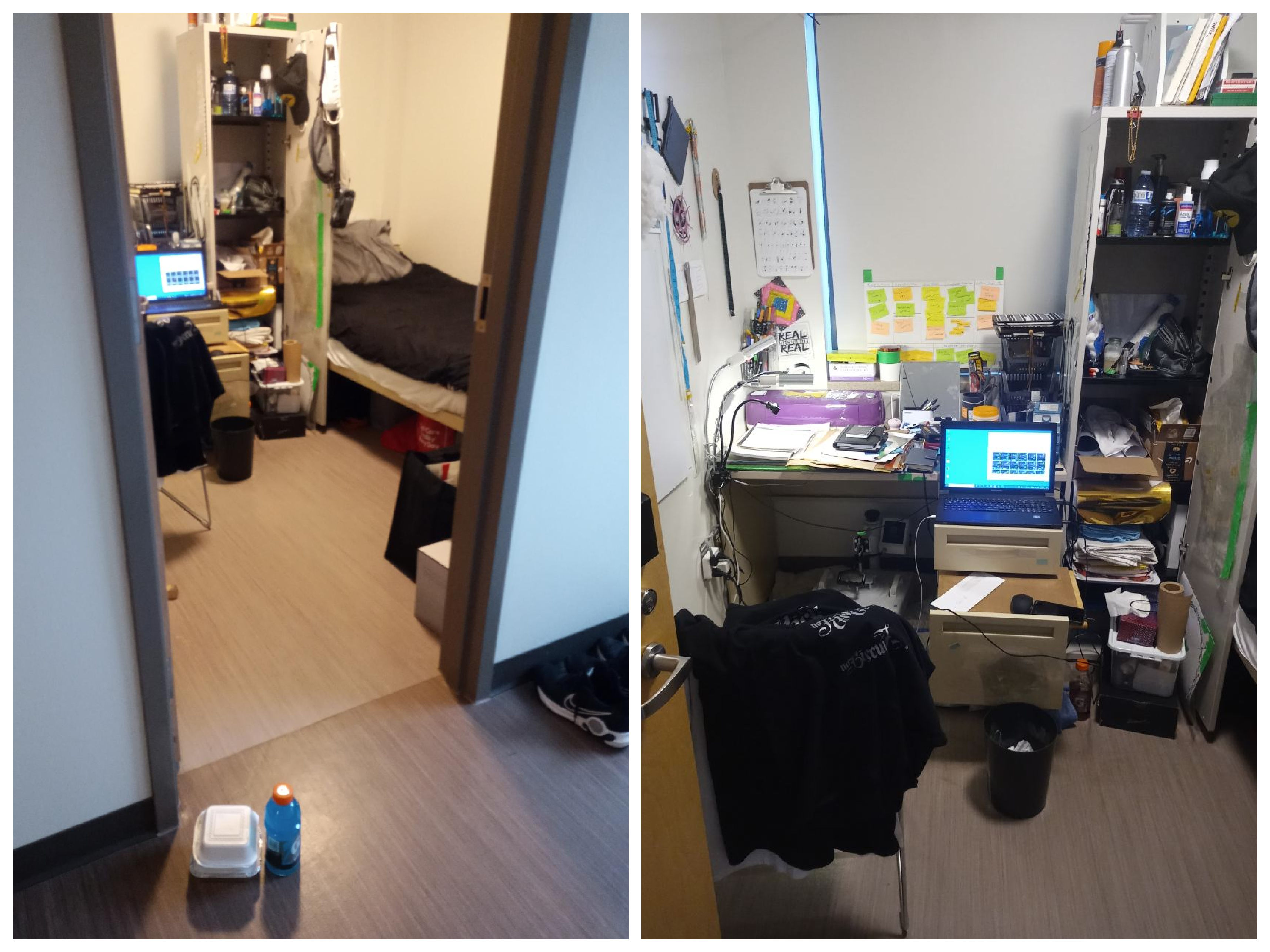 左图:斜向的小卧室，里面有一张床和其他物品;右图:穿过房间的门，有一张桌子，一台笔记本电脑，文件和信封，和其他物品