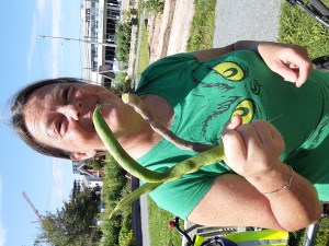 一位黑发长发、身穿印有圣诞怪杰图案的绿色t恤的女子，手里拿着一颗从花园里摘来的长长的绿豆。