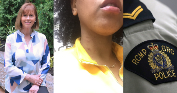 左图:沃尔夫维尔市长温迪·多诺万，中图:一名黑人妇女脖子上的抓痕特写，右图:皇家骑警制服上的肩贴特写