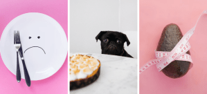 三张照片。粉红色的桌子上有一个空盘子，上面画着一张悲伤的脸。一只悲伤的黑狗看着一罐糖果。一个牛油果放在粉红色的桌子上，上面缠着一根卷尺(上面也有粉红色的数字)。