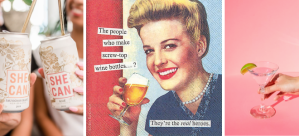 3图像。两个女人拿着一罐叫做“She Can”的玫瑰酒，这种酒是罐装的，用吸管喝。一个40多岁的金发女人端着一杯酒微笑着说:“生产螺旋盖酒瓶的人是真正的英雄。”一个女人伸手去拿粉色背景上的粉色鸡尾酒。