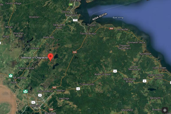 从空中拍摄的奇格内克托地峡，右上角是诺森伯兰海峡。