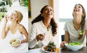 三张照片里的女人，两名白人，一名黑人，一边吃沙拉一边开心地笑着。或者他们窒息了。