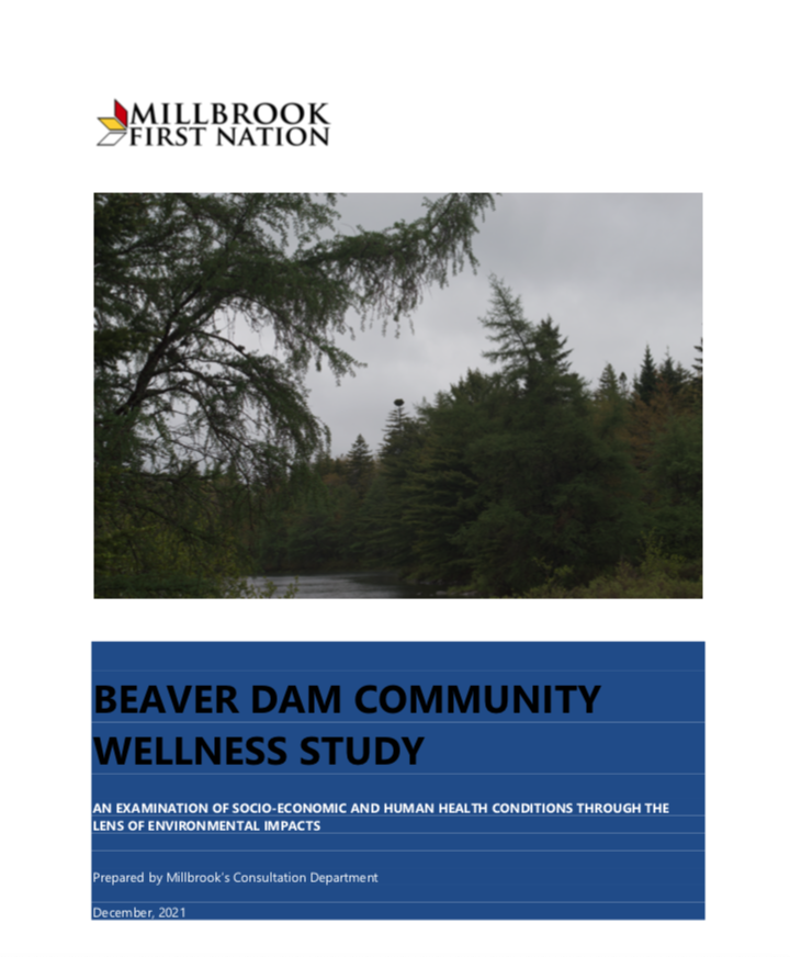 2021年12月米尔布鲁克第一民族健康研究的封面，显示河狸坝附近的一条河流和标题河狸坝社区健康研究