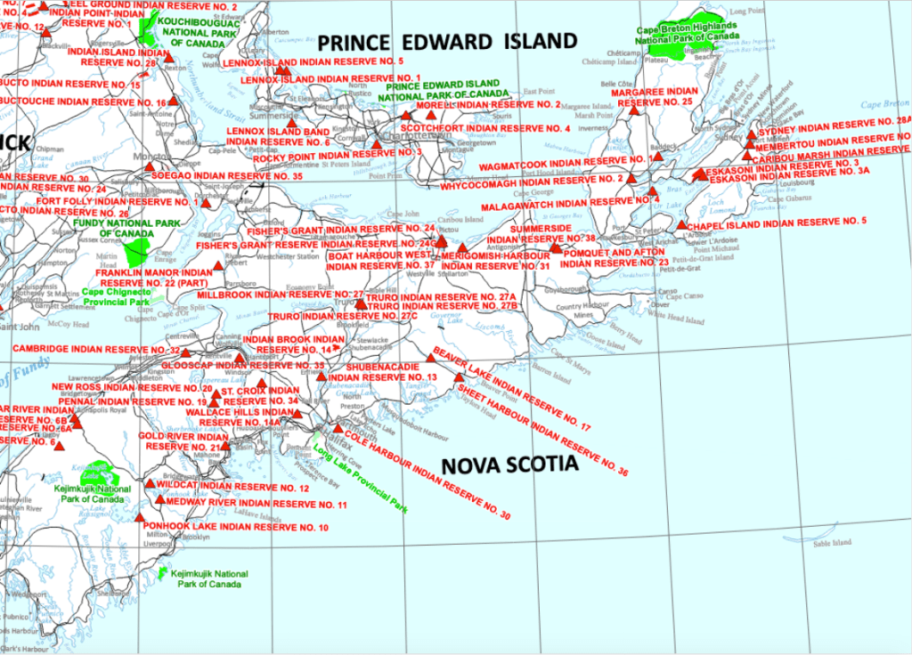 加拿大自然资源部新斯科舍第一民族保护区的地图，显示了米尔布鲁克保护区的比弗水坝(比弗湖印第安人保护区第17号)，斯布港(保护区第36号)，科尔港(保护区第30号)，以及特鲁罗附近的米尔布鲁克。NS
