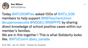 ATU508主席肯·威尔逊在推特上呼吁成员支持NSTU在学校追踪接触者。