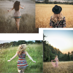 一幅四张白人女性长发在田野里跳舞的照片拼贴画。