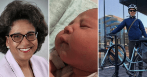 三张照片:沙龙·戴维斯-默多克，一个在摄影棚里微笑的黑人女性;新生儿罗曼·杜贝(Roman Dube);吉莉安·班菲尔德，一位白人妇女，骑着自行车站在中央图书馆前