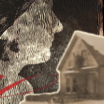 妇女的外形的一个抽象例证劳累与一个老两层房子的乌贼属照片。