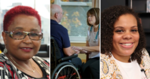 三张照片:一名留着红色短发、戴着时髦眼镜的黑人女性;一位坐在轮椅上的白人老人与一位白人女护士手牵着手;一个年轻的黑人女人，穿着奶油色的涡纹衬衫，带着美丽的微笑。