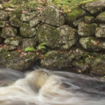 以缓慢的快门速度，一条小溪从长满青苔的石墙旁流过