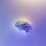 在可爱的薰衣草和玫瑰金背景上的人类大脑的插图。