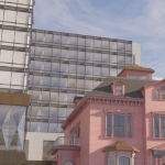 在一个现代玻璃和混凝土大厦前面的桃红色意大利大厦