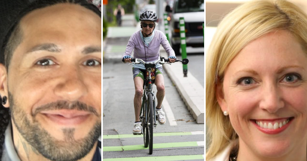 3张照片:一个留着酷酷胡子微笑的黑人男子，一个骑着自行车的白人老太太，一个金发戴着珍珠耳环微笑的白人女人