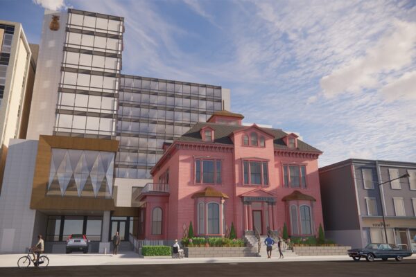 韦弗利旅馆扩建方案的效果图。酒店是一座粉红色的意大利式建筑，有三层，顶部有一个天窗，加上一个巨大的现代建筑，有大面积的玻璃。