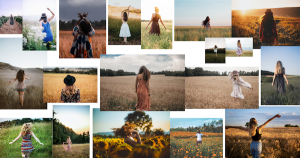 一组19张照片，展示了女性在田野或牧场上奔跑或伸展双臂站立的画面。只有一个是黑人，其他的大多数都是长长的卷发。有些人戴着时髦的帽子，穿着蓬松的裙子。看在上帝的份上，一个穿着芭蕾舞裙和脚趾鞋。