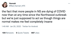 一个人的推文，他对大流行和死亡人数感到沮丧，但与以前相比缺乏限制。