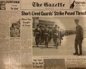 1967年蒙特利尔宪报刊的页面。在Expo 67，租户董事会听证会和Ile Ste-Helene的一个意见片段，有一个关于安全警卫罢工的故事。