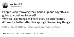 丽莎·巴雷特博士在推特上解释了为什么今年春天之后情况可能会明显好转。