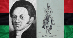 左图:理查德·普雷斯顿的头像/现代艺术家绘制的理查德·普雷斯顿，右图:J.B.吉尔平博士的墨迹画(约1850年)，画的是理查德·普雷斯顿在马背上戴着礼帽和长外套。