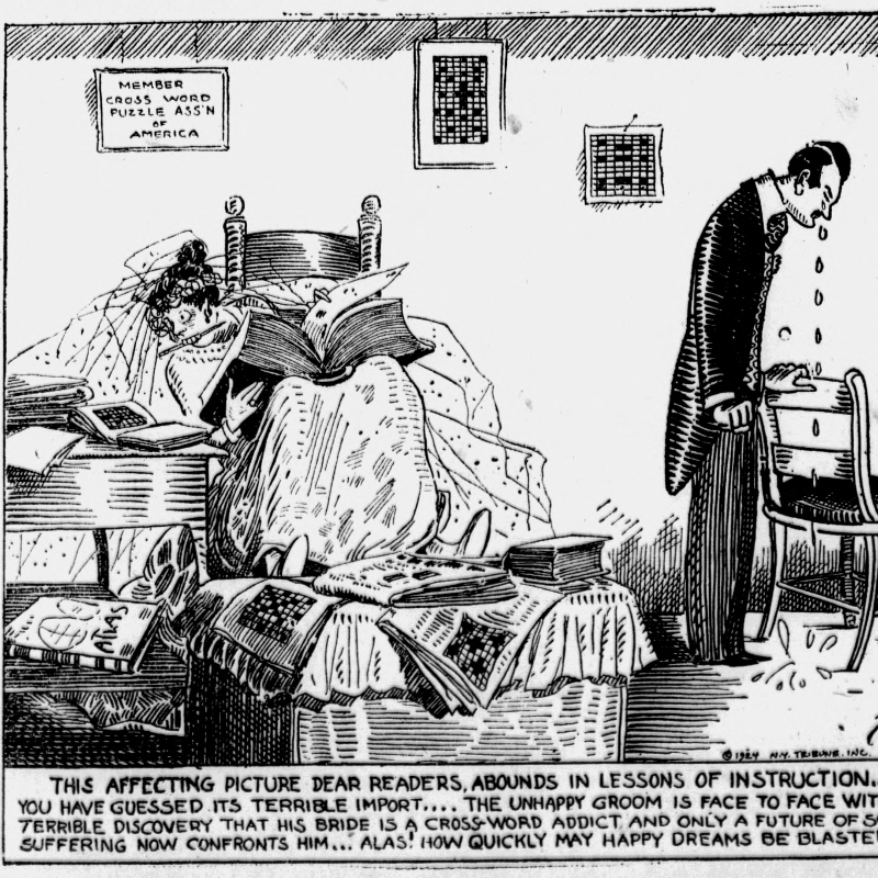 老式的黑白漫画。一个女人躺在床上，手里拿着一本厚厚的参考书，看着另一本打开的填字游戏。一个男人站在房间的角落里哭。