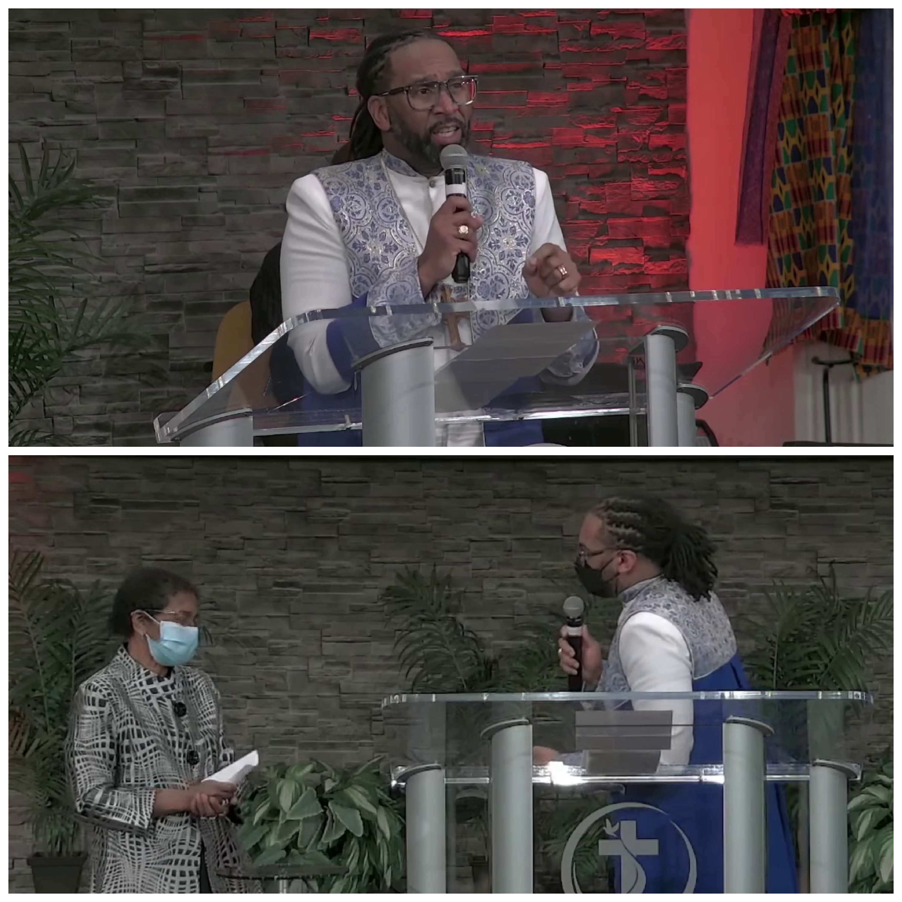 上图:戴着白色镶紫色眼镜的黑人牧师在教堂讲台上拿着麦克风。下图:牧师欢迎黑人女士登上讲台