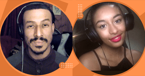 左图:右耳戴耳机的黑人男子头像。右图:黑人女士的特写，微笑着，戴着耳机