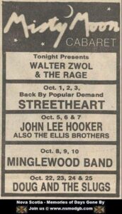 A newspaper ad detailing bands set to play at the Misty Moon