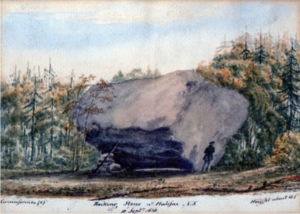 一个喘气声显示一个人站在一块大石头旁边。石头周围画着树，画的底部有古时候的文字。