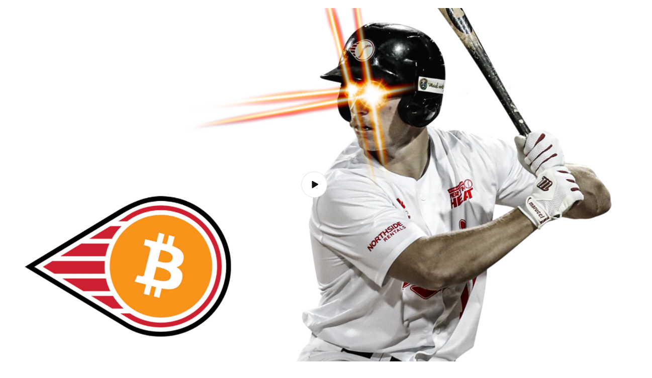 一名男性棒球运动员站在击球的姿势上，眼睛里发出图解的光束，他面前的泡泡里有一个比特币标志。