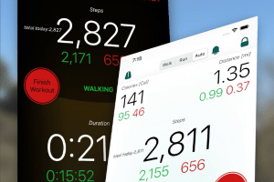 两个版本的步数计数器应用程序，一个与黑色背景和一个与白色