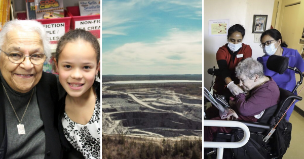 三张照片:一位年长的黑人女士微笑着和一位年轻的黑人女孩在一起，一个露天金矿，以及两名危重病护理助理帮助一位坐轮椅的妇女