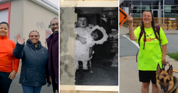 三张照片:三个黑人在挥手，一个小孩和一个洋娃娃，还有一个女人带着她的导盲犬在人行道上