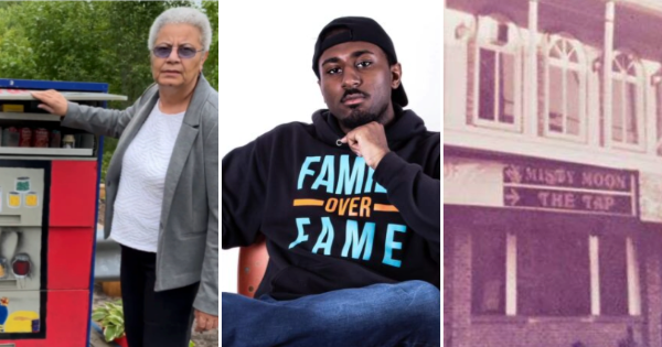 Three photos: A woman stands beside a community pantry, a Black man in a black hoodie with his chin on his hand, and an old photo of the Misty Moon cabaret