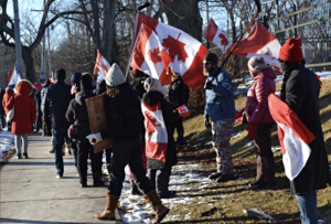 A few upside down Canadian flags on display/