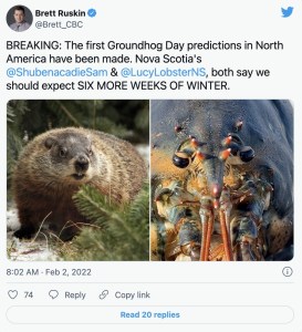 加拿大广播公司的布雷特·拉斯金在推特上表示，北美地区首次对土拨鼠日进行了预测。新斯科舍省的舒本纳卡迪·萨米(Shubenacadie Same)和露西·龙虾(Lucy Lobster)都表示，冬季还将持续六周。