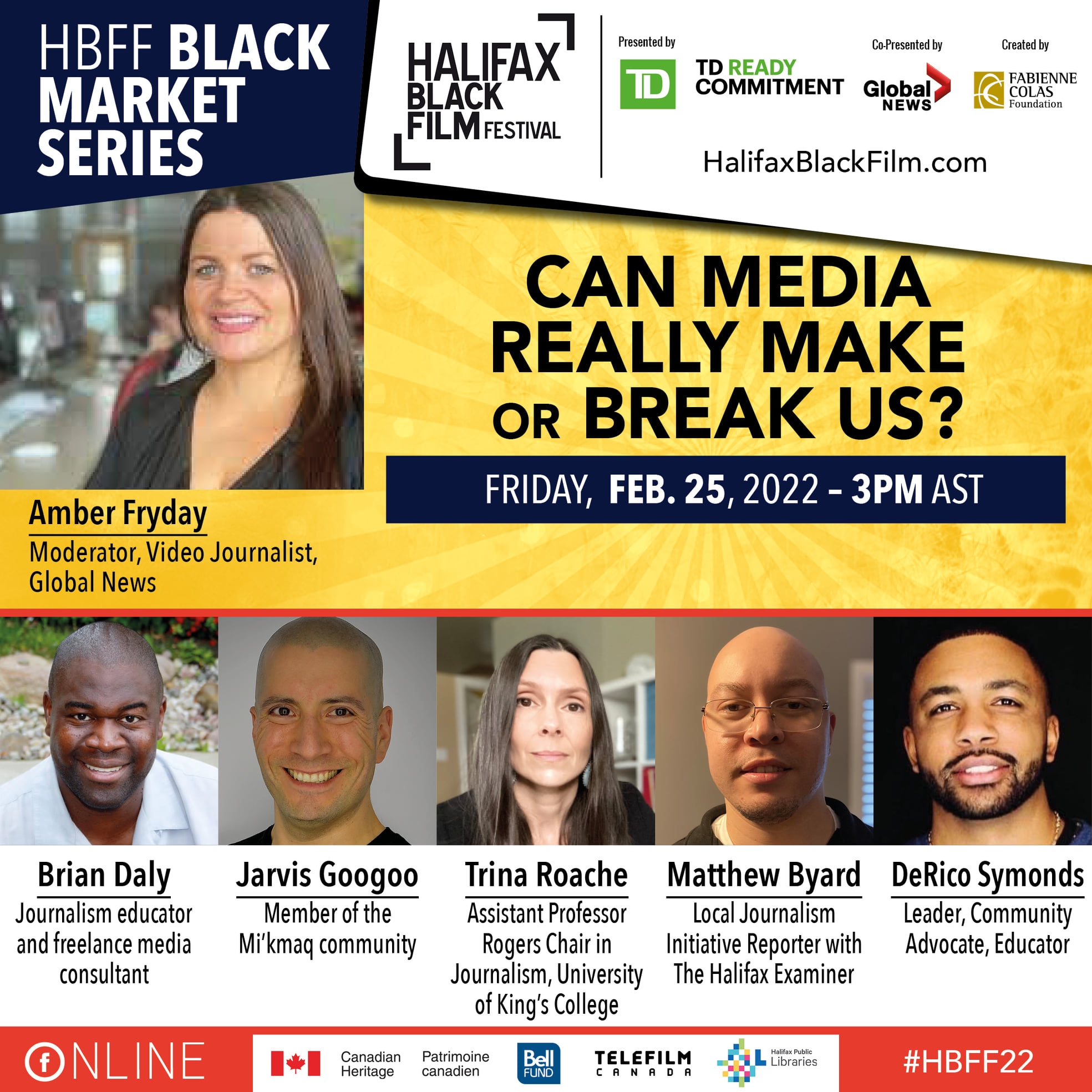 A poster for the Halifax Black Film Festival with logos and head shots of speakers.