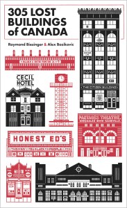 一本书的封面上有黑色和红色的老建筑插图。