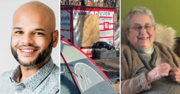3 photos: a smiling young black man, a shelter and a tent in a park, and a laughing white senior lady