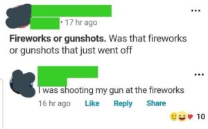 一个网上帖子的问题是“刚刚响起的是烟火还是枪声?”有人回答说:“我在向我的烟花射击。”