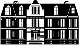 一栋两层楼的旧建筑的黑白插图。