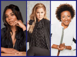 三个著名而有趣的女人:雷吉娜·霍尔和旺达·赛克斯，黑人，艾米·舒默，白人