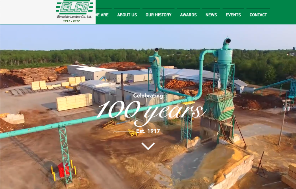 埃尔姆斯代尔木材网站的这张截图显示了原木、锯末和工厂本身的鸟瞰图，图像上有白色的“100年”字样，表明2017年，工厂有100年的历史。