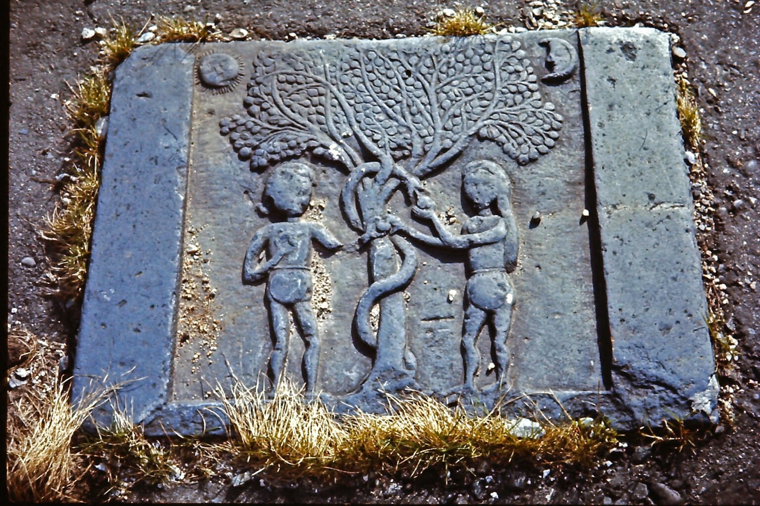 金属浮雕牌匾，上面画着一棵缠绕着蛇的树，树的两侧各有一男一女。